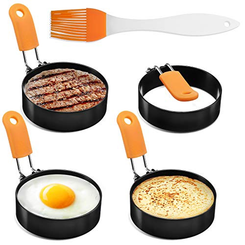 Egg Rings Egg Ring for Frying Eggs Mcmuffins4 Pack Stainless Steel Egg Cooking Rings with Anti-scald Handle Non Stick Coating Oil BrushEgg Mold for Perfect Pancake Sandwich McMuffin