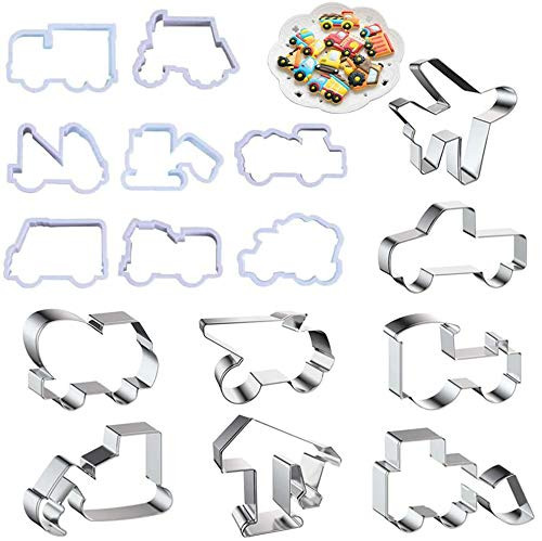 16Pcs Construction Cookie Cutter Pickup Truck Tractor Car Fondant Cookie Cutter Excavator Bulldozer Dump Truck Hammer for Kids Making Chocolate Pastry Cake Decorating and Construction Themed Party