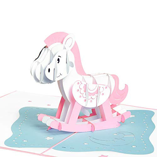 Rykamia Baby Girl Shower Pop Up Card Rocking Horse Pop Up Card 5X7 in Card for New Baby Shower Card Baby Congratulations Card Newborn Card Toddler Birthday New Baby Gift Baby Birthday
