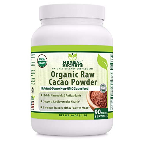 Herbal Secrets USDA Certified Organic Raw Cacao Powder 16 Oz 1 LB Non-GMO- RAW VEGAN   GLUTEN FREE- Supports Cardiovascular Bone and Oveall Health   Well Being Promotes Brain function   Mood