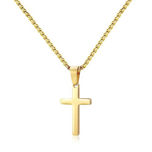 M MOOHAM Cross Pendant with Chain for Men - Mens Cross Necklace Stainless Steel Plain Cross Pendant Gold Cross Necklace for Men Simple Jewelry Cross Chain Cross Necklace for Men 20 Inch