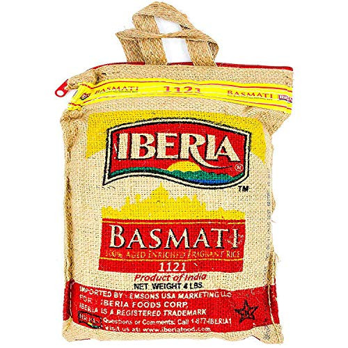 Iberia Basmati Rice 4 Pound Extra Long Grain Naturally Aged Indian White Basmati Rice Natural Basmati Rice in Burlap Bag with Zipper for Convenience