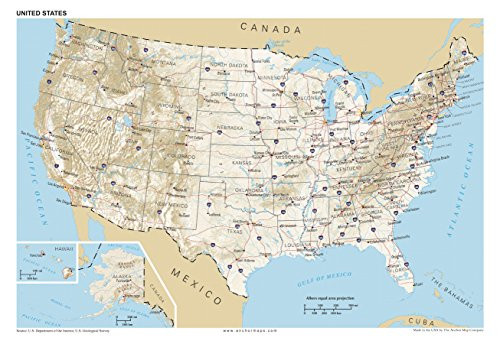 13x19 Anchor Maps United States General Reference Wall Map Poster - USA Foundational Series - Capitals Cities Roads Physical Features and Topography Rolled