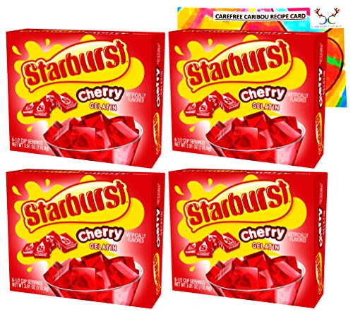 Starburst Jello Shot Bundle Starburst Cherry Jello Gelatin Pack of Four 3_91oz Boxes  and Cherry Jello Shot Recipe Card from Carefree Caribou Jello Tastes like Cherry Starburst Candy