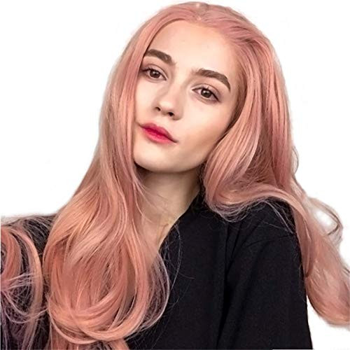 Pink Long Curly Wigs for Women Cosplay Costume Synthetic Hair with Bangs Heat Resistant Wavy Wig Halloween Party Costume 27Inch