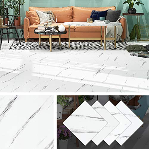 Livelynine Peel and Stick Floor Tile Stickers Waterproof Flooring Tile White and Black Marble Vinyl Tiles for Kitchen Bedroom 12x12 Inch 4 Pack