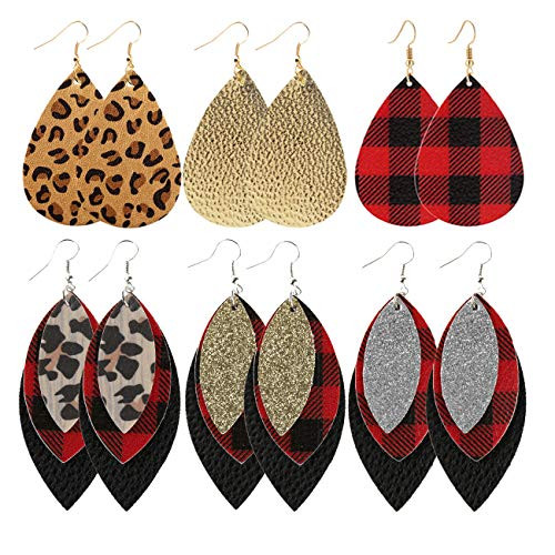 Long Dangle Leather Earrings for Women Layered Handmade Plaid Faux Leather Leaf Dangle earrings Lightweight Leopard Print Teardrop Earrings Set for Girls Lady