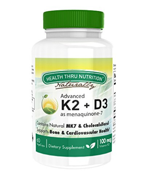 Advanced K2 100mcg as MenaQ7® with Vitamin D3 1000 IU 60 VegeCaps Vegan Non GMO and Free from Common excipients Such as Magnesium Stearate and Silica by Health Thru Nutrition