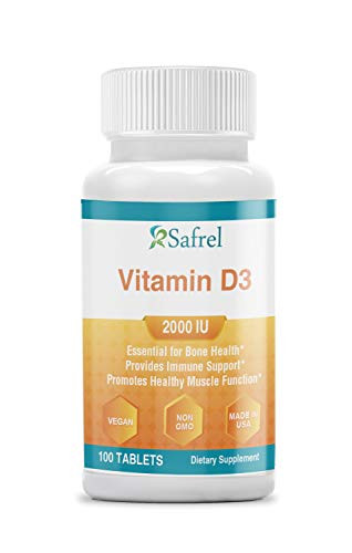 Safrel Vitamin D3 2000 IU 50 mcg for Healthy Muscle Function Bone Health and Immune Support - Vegan and Non-GMO Supplement -100 Count