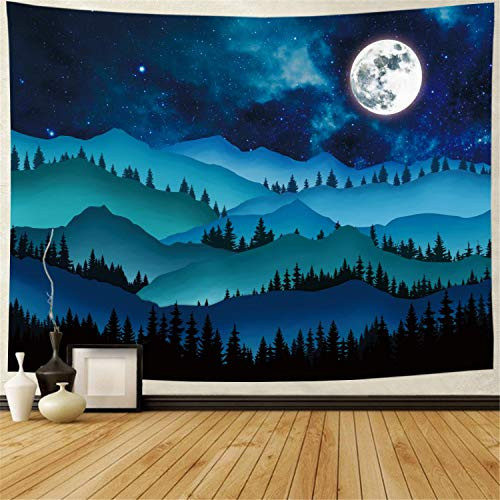 Mountain Tapestry Moon Stars Tapestry Forest Trees Tapestry Galaxy Tapestry Blue Starry Night Nature Landscape Tapestry Wall Hanging for Bedroom W59xH51