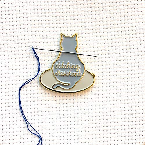 Stitching Assistant Grey Cat on Embroidery Hoop Enamel Needle Minder