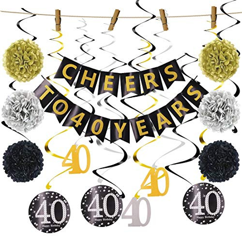 40th Birthday Decorations Kit Gold Glittery Cheers to 40 Years Banner Happy Birthday Banner Hanging Swirls Paper Garland for 40th Anniversary Decorations 40th Birthday Party Decorations Su 40th