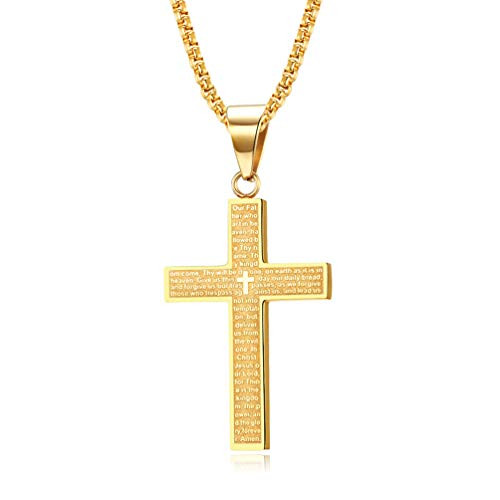 Rnivida Men Gold Plated Stainless Steel Cross Pendant Necklace Bible Lords Prayer Gold Cross Chain Jewelry for Men Women Boy