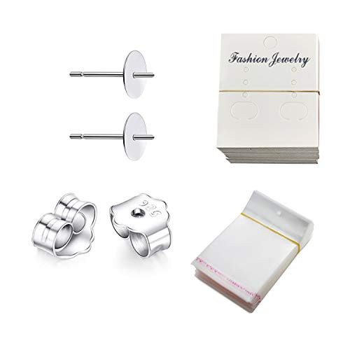 50 PCS 6mm 925 Sterling Silver Earrings Posts Flat Pad Ear Stud with 50 PCS 925 Sterling Silver Earring Backs?Earring Display CardsSelf-Adhesive Bags for Earring Making Findings