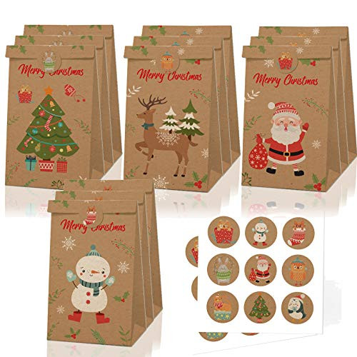 WYUE Christmas Kraft Paper Gift Bags 12pcs Christmas Gifts Packaging Treat Goody Candy Boxes for Xmas Party Bag Fillers with Christmas Prints   Stickers A WYUE Christmas Kraft Paper Gift Bags 12pcs Christmas Gifts Packaging Treat Goody Candy Boxes for Xmas Party Bag Fillers with Christmas Prints   Stickers A