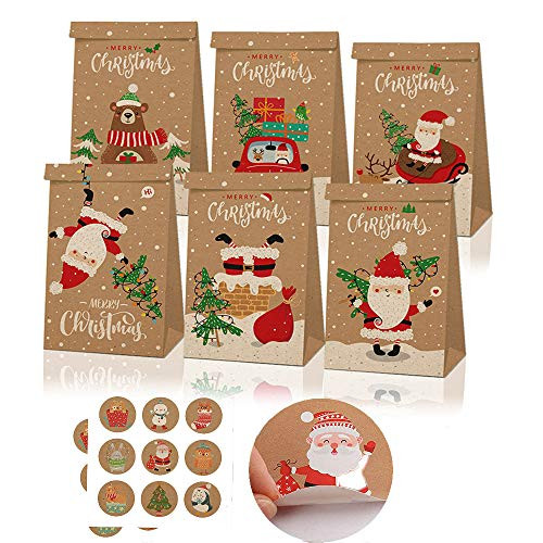 WYUE Christmas Kraft Paper Gift Bags 12pcs Christmas Gifts Packaging Treat Goody Candy Boxes for Xmas Party Bag Fillers with Christmas Prints   Stickers B WYUE Christmas Kraft Paper Gift Bags 12pcs Christmas Gifts Packaging Treat Goody Candy Boxes for Xmas Party Bag Fillers with Christmas Prints   Stickers B