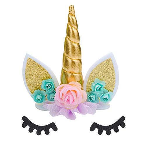 Unicorn Cake Topper Handmade Unicorn Birthday Cake Toppers Gold,Include Unicorn Horn, Ears,Unicorn Party Supplies for Unicorn Themed Party,Baby Shower,Wedding and Birthday Party