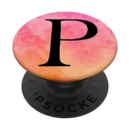 Black Pattern Initial Letter P On Pink Orange Watercolor PopSockets PopGrip Swappable Grip for Phones   Tablets