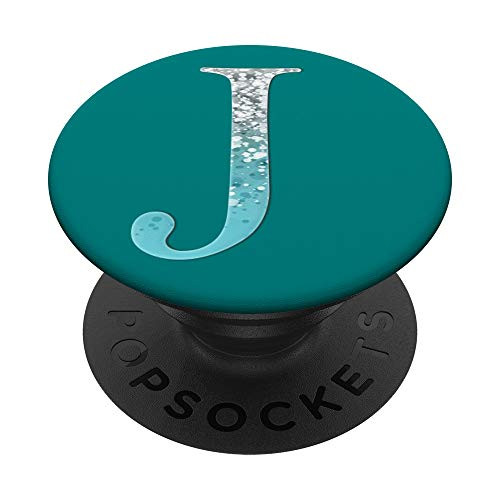Silver Light Blue Initial Letter J On Dark Teal PopSockets PopGrip Swappable Grip for Phones   Tablets