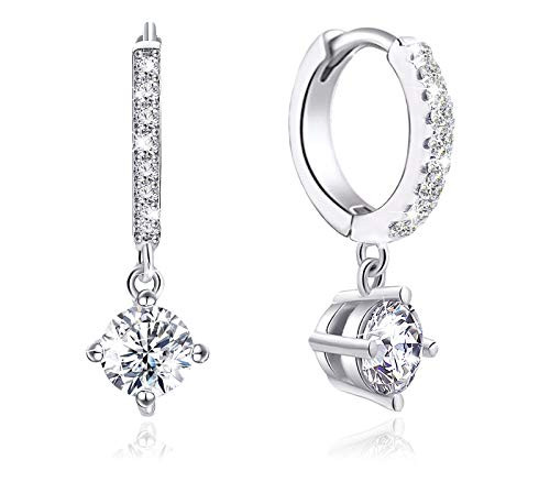 Cubic Zirconia Hoop Earrings - Sterling Silver Hypoallergenic Round CZ Dangle Drop Hoop Huggies Earrings for Women Girls