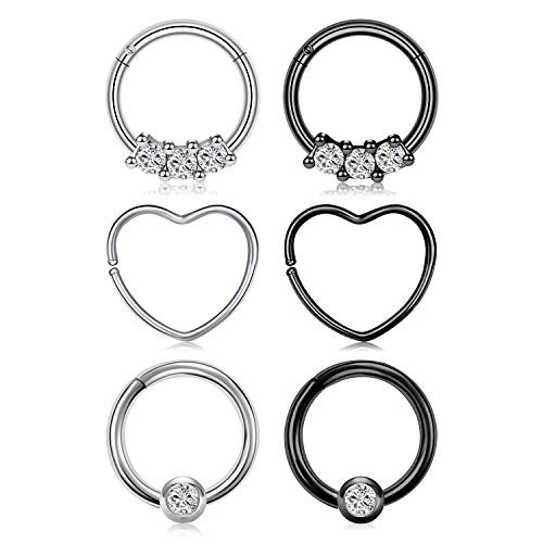 LAURITAMI 16G Surgical Steel Rook Daith Earrings Horseshoe Barbell Nose Rings Hoop Heart Shaped Tragus Cartilage Helix Earrings Hinged Clicker Septum Ring 8mm