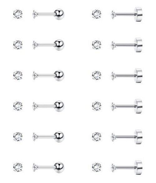 FIBO STEEL 12 Pairs Stud Cartilage Earrings for Women Men Screw Barbell Flat Back Ear Piercing Jewelry Set 16G Round CZ 2MM