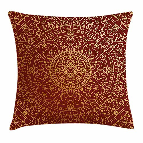 Lunarable Oriental Throw Pillow Cushion Cover, Antique Arabic Artwork Mandala Inspired Round Ornament Moroccan Ethnic, Decorative Square Accent Pillow Case, 26 X 16 Inches, Yellow Burnt Orange