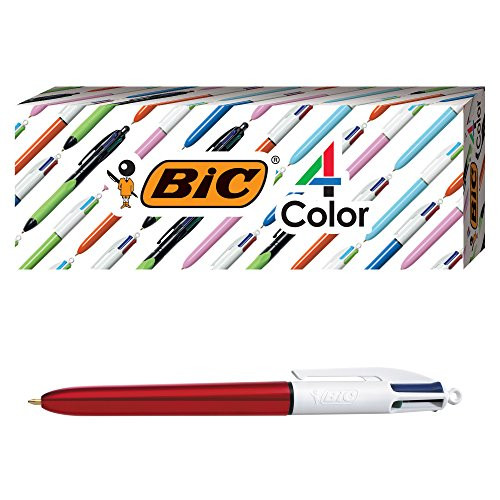 BIC 4-Color Shine Ballpoint Pen, Red Barrel, Medium Point (1.0mm), Assorted Inks, 3-Count