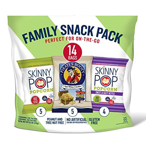Skinny Pop Family Snack Pack Skinnypop Original   Sweet   Salty Kettle Popped Popcorn Pirates Booty Aged White Cheddar Puffs 3 Pouches of 14 Snack-Sized Bags
