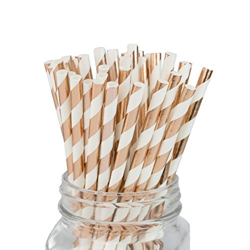 Palmay Disposable Paper Drinking Straws Biodegradable Foil Rose Gold Striped Straw 100 pcs for Party DIY
