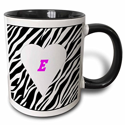3dRose mug_40819_4 "White Heart With Letter E On Zebra" Two Tone Black Mug, 11 oz, Multicolor