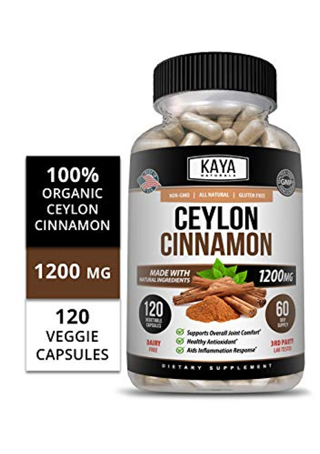 Kaya Naturals Organic Ceylon Cinnamon 1200mg per Serving 120 Count Capsules for Healthy Blood Sugar Support Joint Support Anti-inflammatory   Antioxidant 120 Capsules