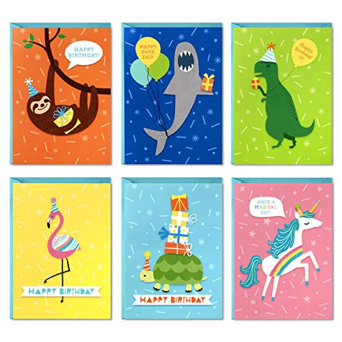 Hallmark Birthday Cards for Kids Assortment 48 Cards with Envelopes Dinosaurs Sloths Unicorns Flamingos Turtles Sharks