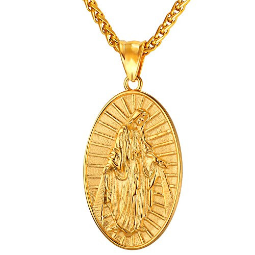 U7 Men Women Miraculous Medal Pendant Catholic Jewelry Gift 18K Gold Plated Stainless Steel Rope Chain Virgin Mary Necklace
