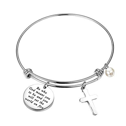 BEKECH Inspirational Gifts Be Who God Meant You to Be and You Will Set The World On Fire Keychain Faith Jewelry Best Friend Encouragement Gift Bangle Bracelet