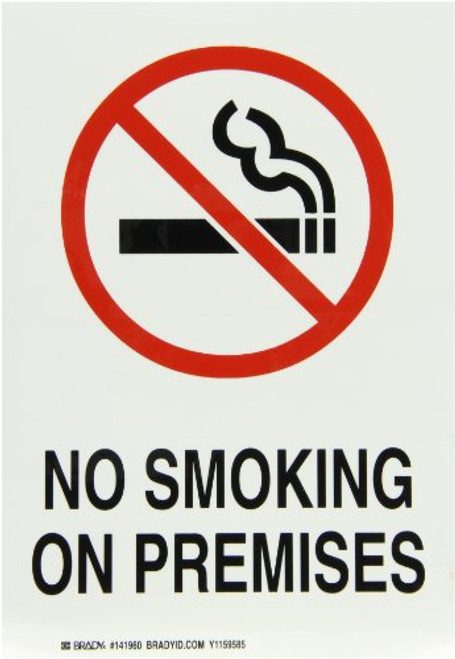 Brady 141960 10 Width x 7 Height B-302 High Performance Polyester Red and Black on White Self-Sticking Sign Legend No Smoking on Premises with Picto