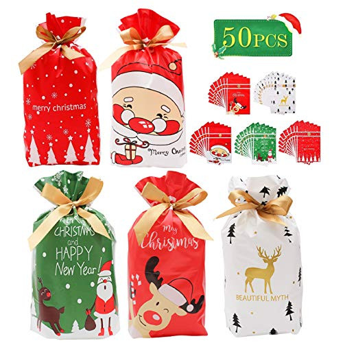 50 Pcs Christmas Candy Bags Christmas Gift Wrapping Bags Treats Bags Goodies Treat Snack Bags with Drawstrings for Birthday Party   Christmas Decorations and Christmas Party Favor