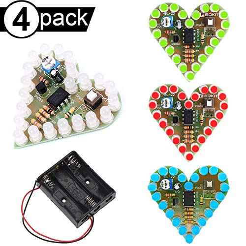 DAOKI 4Pcs Heart Shape LED DIY Kit Heart Shape Breathing Lamp Kit DC 4V-6V Red White Blue Green Color for Soldering Kit Practice Learning Electronics with Battery Holder