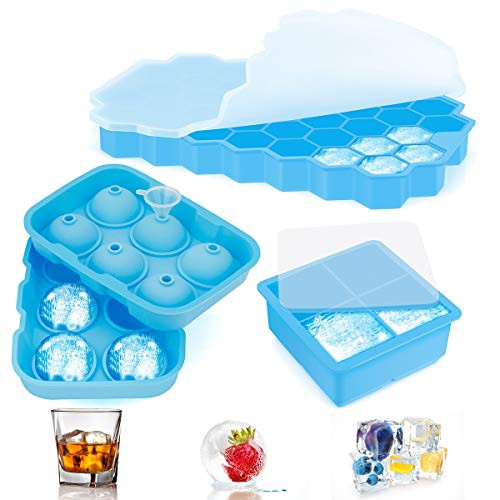 Ice Cube Tray Ice Trays for Freezer With Lid 3 Pack Silicone Large Round Ice Cube Tray Sphere Square Honeycomb Ice Trays for Whiskey With Covers Funnel Reusable Whiskey Ice Ball Mold