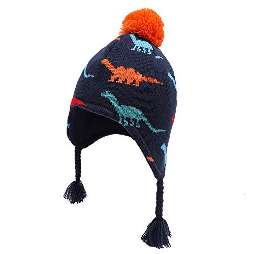 jerague Toddler Baby Earflap Hat Kids Winter Warm Knit Beanie Hat with Cute Pom Pom Fleece Cap for Boy Girl
