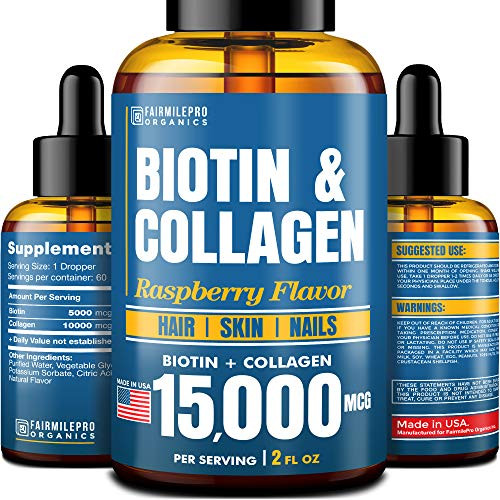 Biotin Collagen 15000 mcg - All-Natural Hair Growth Treatment - Made in USA - Liquid Collagen for Women Men - Biotin Vitamins for Hair Skin and Nails - Non-GMO - 2 fl oz Biotin Collagen 15000 mcg - All-Natural Hair Growth Treatment - Made in USA - Liquid Collagen for Women Men - Biotin Vitamins for Hair Skin and Nails - Non-GMO - 2 fl oz