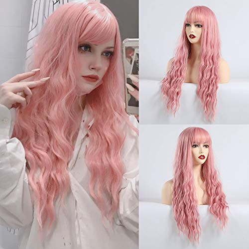 HAIRCUBE Long Curly Wavy Pink Wigs for Women with Bangs Heat Friendly Synthetic Cosplay Party Wig HAIRCUBE Long Curly Wavy Pink Wigs for Women with Bangs Heat Friendly Synthetic Cosplay Party Wig