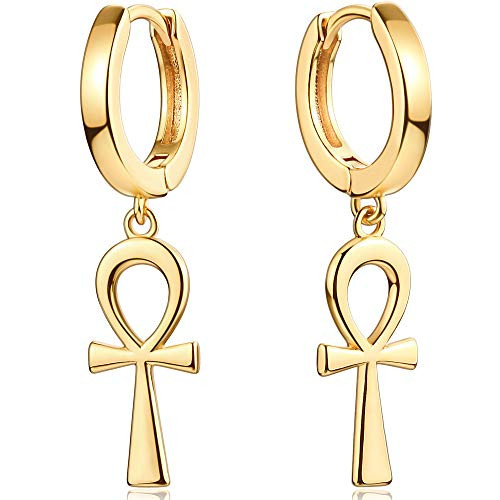 Mevecco Coptic Ankh Cross Huggie Hoop Earrings Women Men 18K Gold Plated Dainty Key To Life Ankh Cross Charm Dangle Earrings Religious Ancient Egyptian Symbol of Protection Faith Cross Drop Earrings