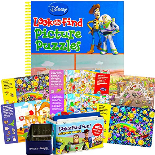 Disney Pixar Look and Find Cards in Collectible Tin and Picture Search Book for Children Bundle Set ~ Featuring Toy Story Disney Cars and More Disney Picture Puzzle Books