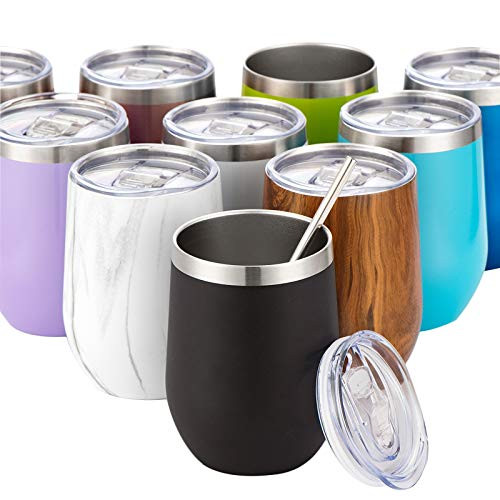 Winknowl 12oz Wine Tumbler with Lid and Straw Stainless Steel Stemless Wine Glass Double Wall Vacuum Insulated Travel Cup for Coffee Wine Drinks?Black?
