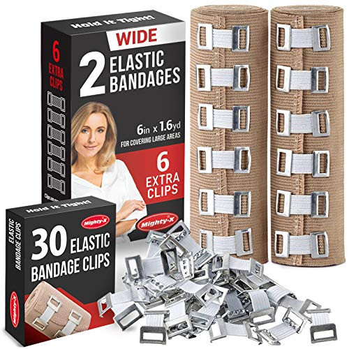 Premium Elastic Bandage Wrap   Elastic Bandage Clips Bundle - 2 Pack  30 Bandage Wrap Clips - Wide 6 inch Compression Bandage - Stretches up to 15ft in Length