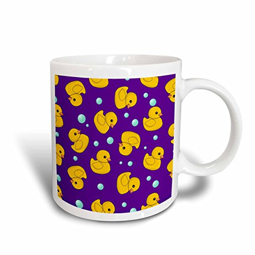 3dRose mug_193780_1 Cute Rubber Ducky Pattern on Dark Purple-Y Blue Yellow Ducks Duckies Ceramic Mug, 11-Ounce