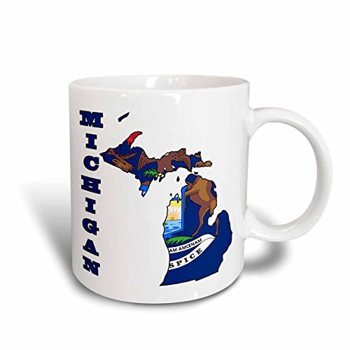 3dRose mug_58743_1"Michigan state flag in the outline map and letters for Michigan" Ceramic Mug, 11 oz, Multicolor