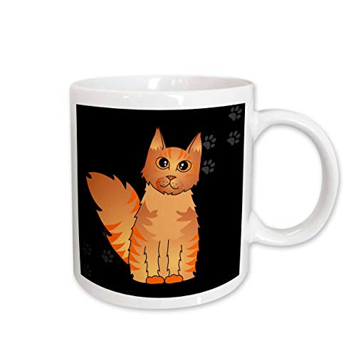 3dRose Cute Maine Coon Cartoon Cat Red Tabby Black with Paw Print Ceramic Mug, 11-Ounce