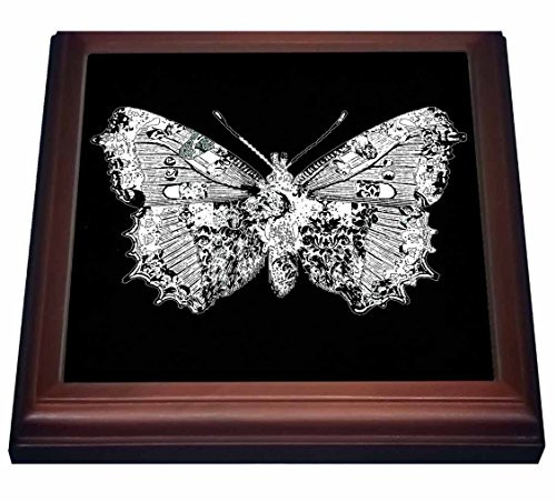 3dRose trv_61053_1 Pretty Lacy White Butterfly On A Black Background Trivet with Ceramic Tile, 8" x 8", Brown